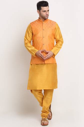Mustard Silk Blend Kurta and churidar with Jacquard Peach Nehru jacket