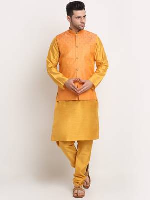Mustard Silk Blend Kurta and churidar with Jacquard Peach Nehru jacket 1