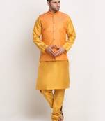 Mustard Silk Blend Kurta and churidar with Jacquard Peach Nehru jacket