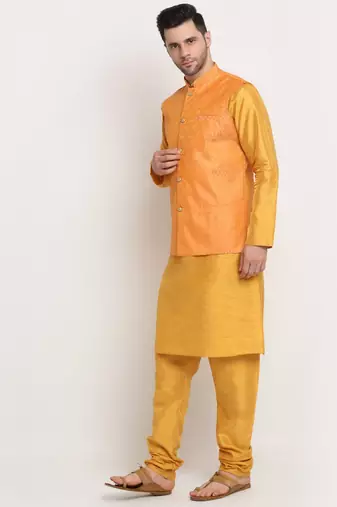 Mustard Silk Blend Kurta and churidar with Jacquard Peach Nehru jacket
