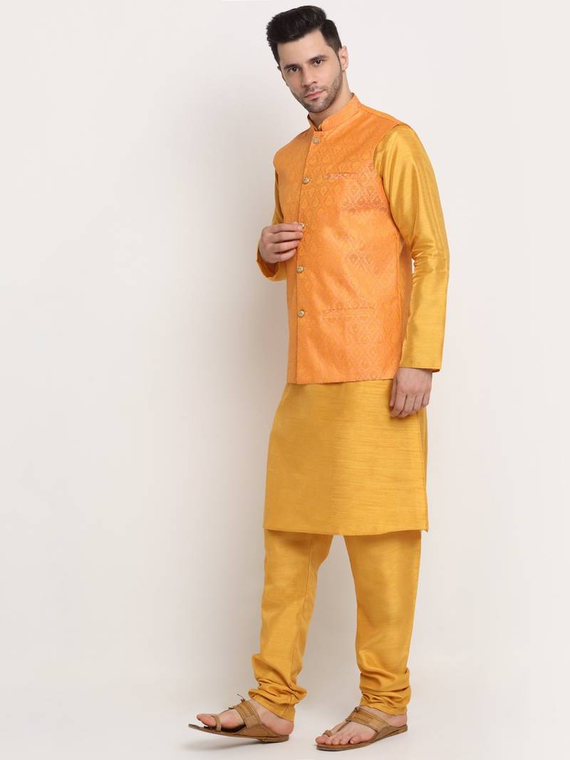 Mustard Silk Blend Kurta and churidar with Jacquard Peach Nehru jacket