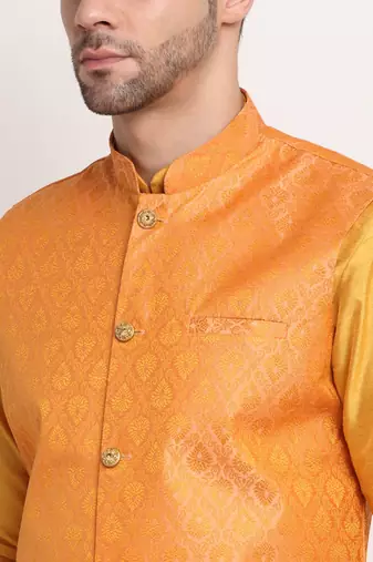Mustard Silk Blend Kurta and churidar with Jacquard Peach Nehru jacket