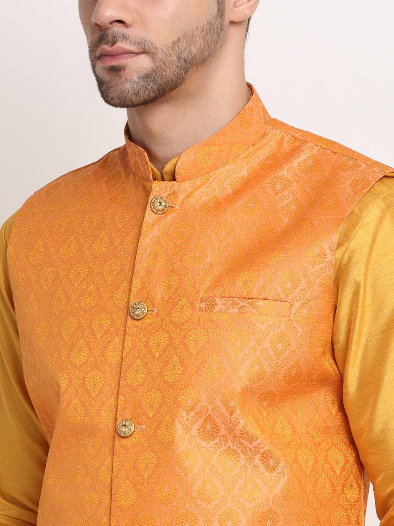 Mustard Silk Blend Kurta and churidar with Jacquard Peach Nehru jacket