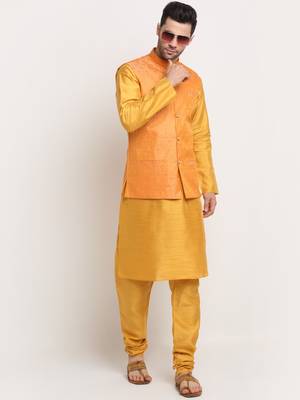 Mustard Silk Blend Kurta and churidar with Jacquard Peach Nehru jacket 4