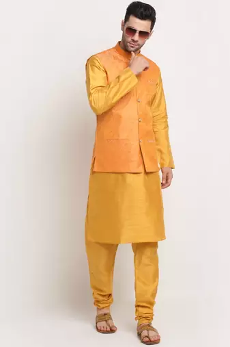 Mustard Silk Blend Kurta and churidar with Jacquard Peach Nehru jacket
