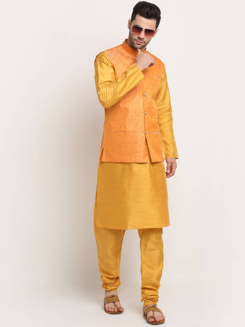 Mustard Silk Blend Kurta and churidar with Jacquard Peach Nehru jacket