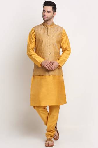 Mustard Silk Blend Kurta and churidar with Jacquard Gold Nehru jacket