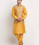 Mustard Silk Blend Kurta and churidar with Jacquard Gold Nehru jacket