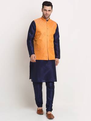 Navy Blue Silk Blend Kurta and churidar with Jacquard Peach Nehru jacket 1