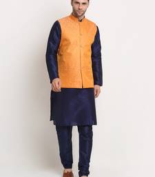Navy Blue Silk Blend Kurta and churidar with Jacquard Peach Nehru jacket