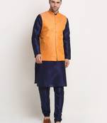 Navy Blue Silk Blend Kurta and churidar with Jacquard Peach Nehru jacket