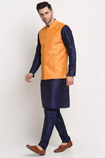 Navy Blue Silk Blend Kurta and churidar with Jacquard Peach Nehru jacket