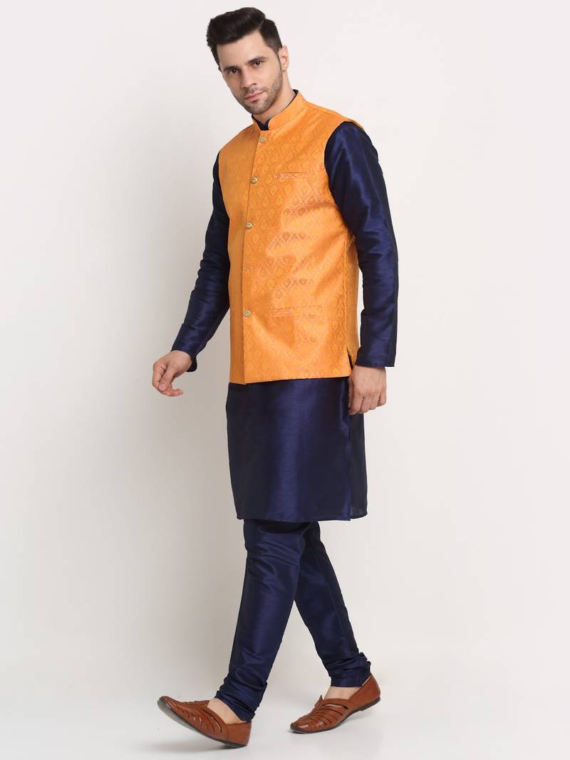 Navy Blue Silk Blend Kurta and churidar with Jacquard Peach Nehru jacket