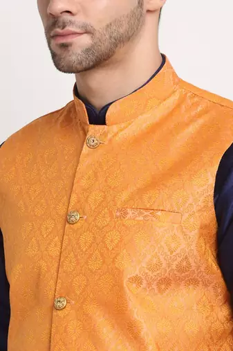 Navy Blue Silk Blend Kurta and churidar with Jacquard Peach Nehru jacket