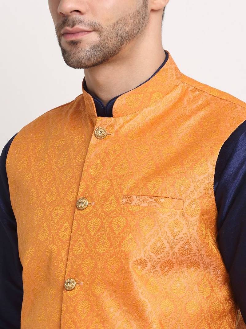 Navy Blue Silk Blend Kurta and churidar with Jacquard Peach Nehru jacket
