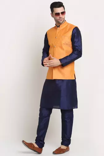 Navy Blue Silk Blend Kurta and churidar with Jacquard Peach Nehru jacket