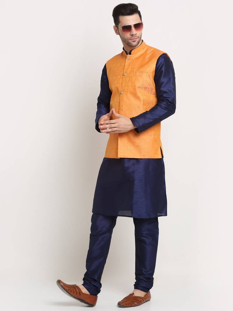 Navy Blue Silk Blend Kurta and churidar with Jacquard Peach Nehru jacket