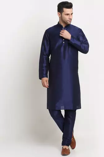 Navy Blue Silk Blend Kurta and churidar with Jacquard Peach Nehru jacket