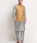 Silver Silk Blend Kurta and churidar with Jacquard Gold Nehru jacket