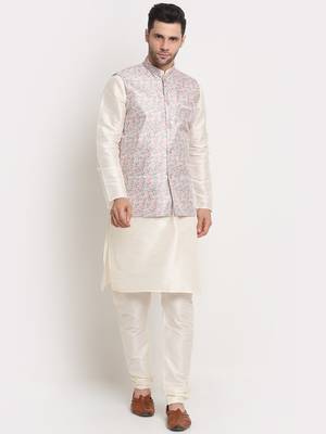 Cream Silk Blend Kurta and churidar with Thread Work sequence Green Nehru jacket 1