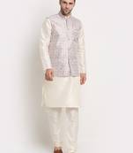 Cream Silk Blend Kurta and churidar with Thread Work sequence Green Nehru jacket