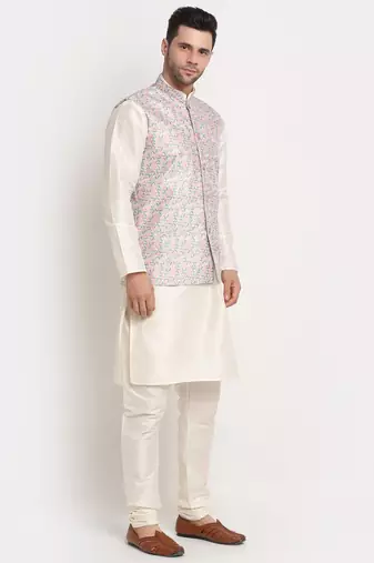 Cream Silk Blend Kurta and churidar with Thread Work sequence Green Nehru jacket