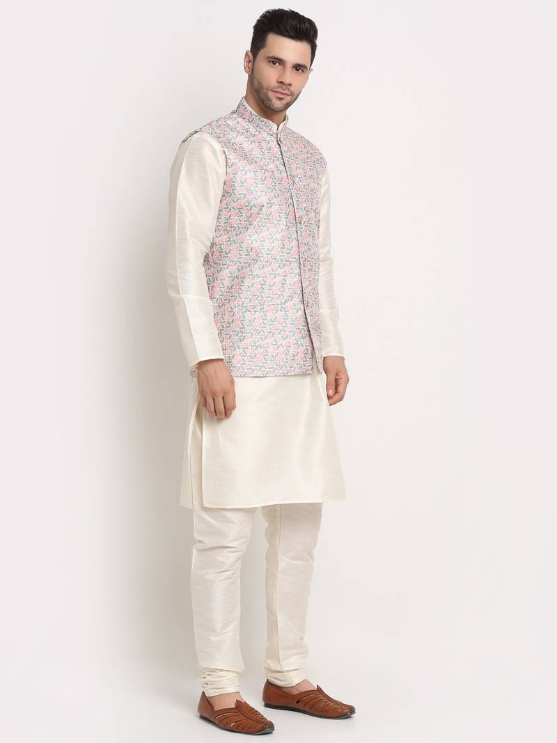 Cream Silk Blend Kurta and churidar with Thread Work sequence Green Nehru jacket