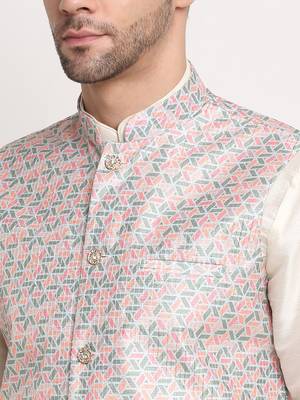 Cream Silk Blend Kurta and churidar with Thread Work sequence Green Nehru jacket 3