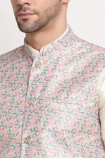 Cream Silk Blend Kurta and churidar with Thread Work sequence Green Nehru jacket