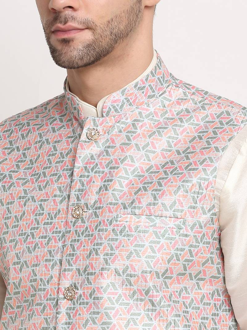 Cream Silk Blend Kurta and churidar with Thread Work sequence Green Nehru jacket