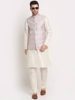 Cream Silk Blend Kurta and churidar with Thread Work sequence Green Nehru jacket 4