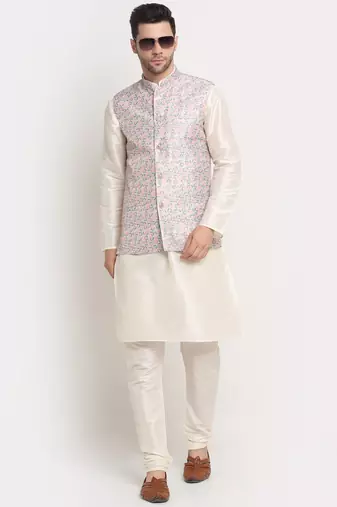 Cream Silk Blend Kurta and churidar with Thread Work sequence Green Nehru jacket