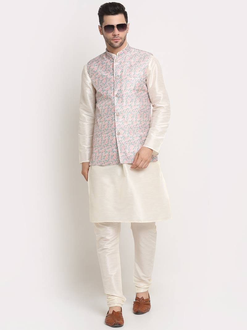 Cream Silk Blend Kurta and churidar with Thread Work sequence Green Nehru jacket