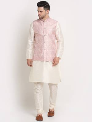 Cream Silk Blend Kurta and churidar with Thread Work sequence Pink Nehru jacket 1