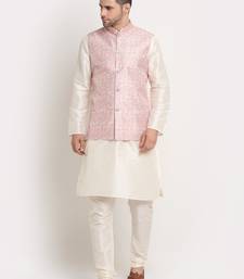 Cream Silk Blend Kurta and churidar with Thread Work sequence Pink Nehru jacket