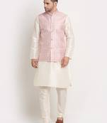 Cream Silk Blend Kurta and churidar with Thread Work sequence Pink Nehru jacket