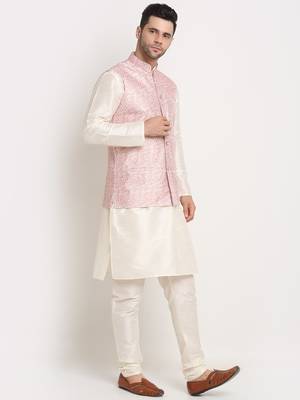 Cream Silk Blend Kurta and churidar with Thread Work sequence Pink Nehru jacket 3