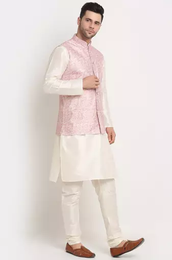 Cream Silk Blend Kurta and churidar with Thread Work sequence Pink Nehru jacket