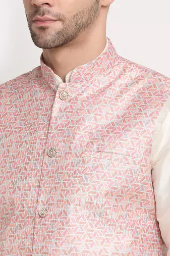 Cream Silk Blend Kurta and churidar with Thread Work sequence Pink Nehru jacket