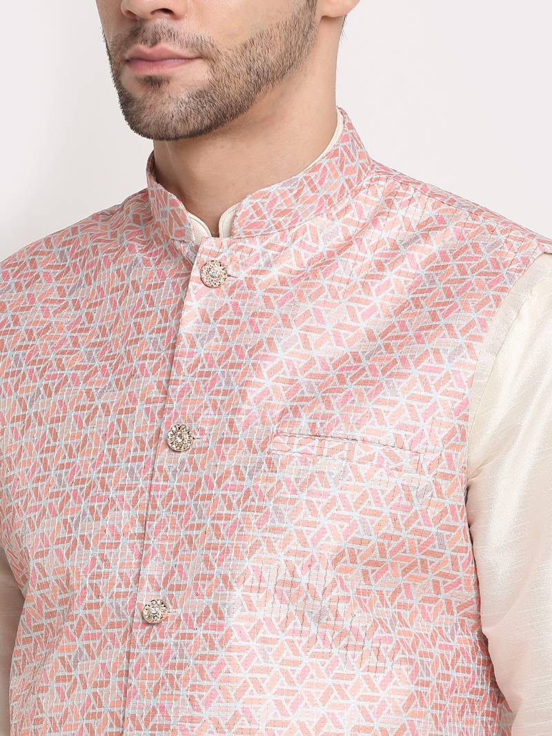 Cream Silk Blend Kurta and churidar with Thread Work sequence Pink Nehru jacket