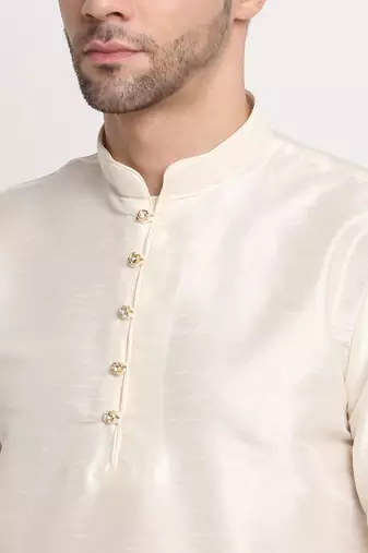 Cream Silk Blend Kurta and churidar with Thread Work sequence Pink Nehru jacket