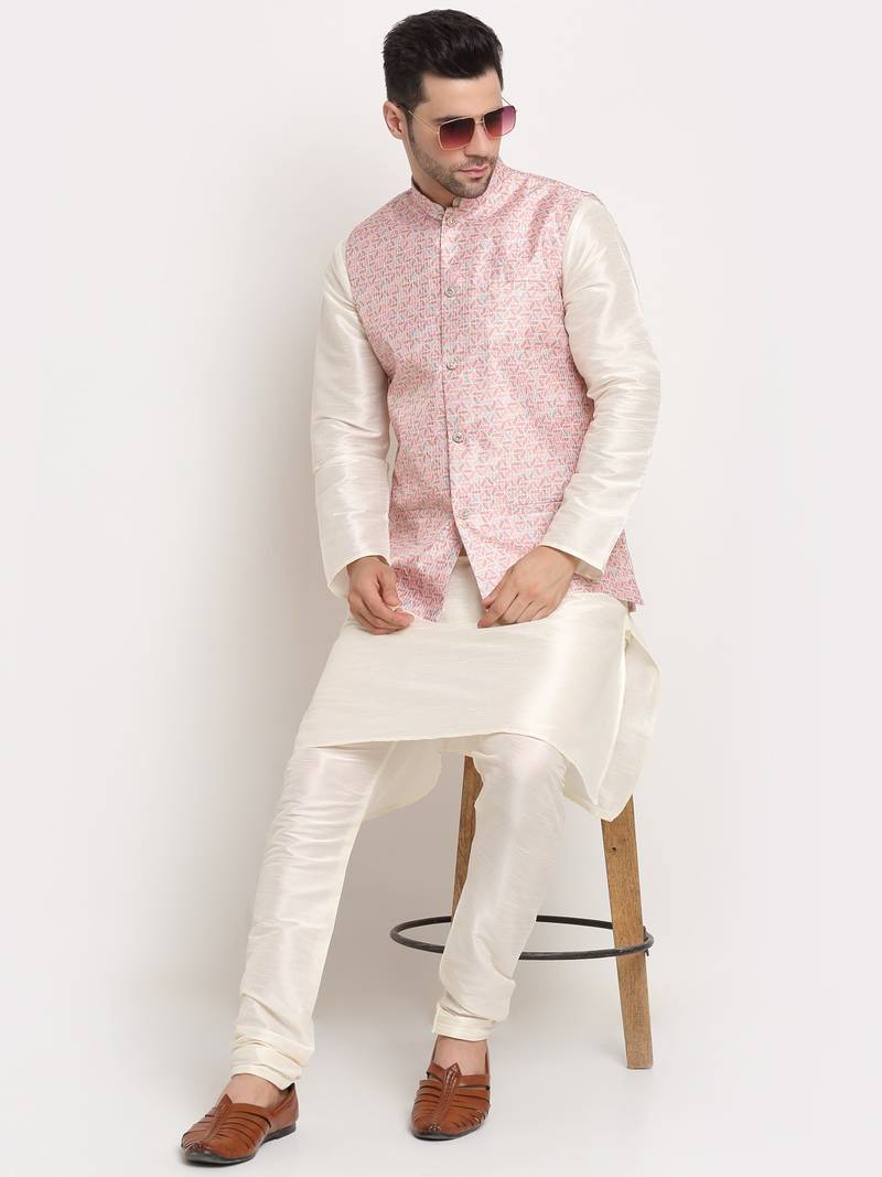 Cream Silk Blend Kurta and churidar with Thread Work sequence Pink Nehru jacket