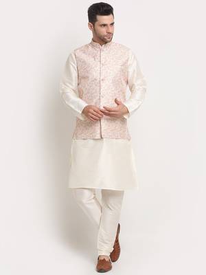 cream silk blend kurta and churidar with thread work sequins yellow nehru jacket 1