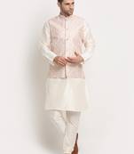 cream silk blend kurta and churidar with thread work sequins yellow nehru jacket