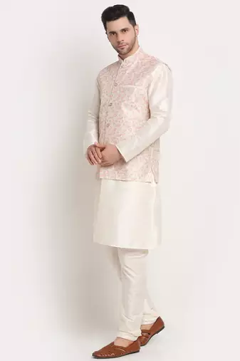 cream silk blend kurta and churidar with thread work sequins yellow nehru jacket