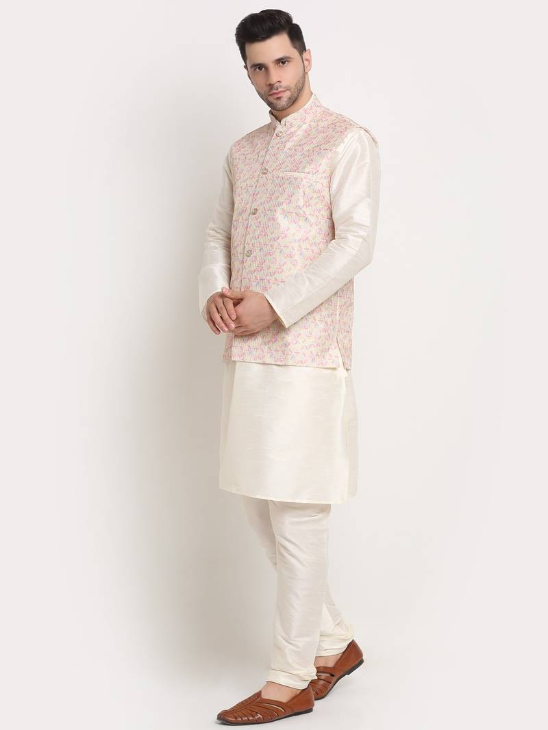 cream silk blend kurta and churidar with thread work sequins yellow nehru jacket