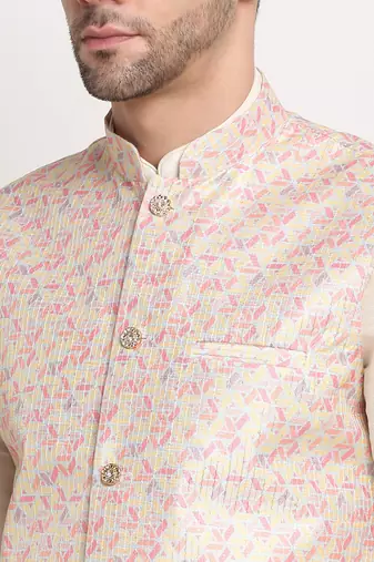 cream silk blend kurta and churidar with thread work sequins yellow nehru jacket
