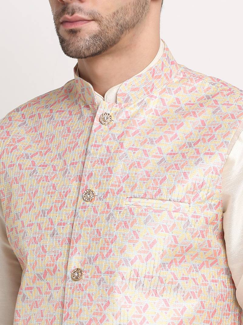 cream silk blend kurta and churidar with thread work sequins yellow nehru jacket