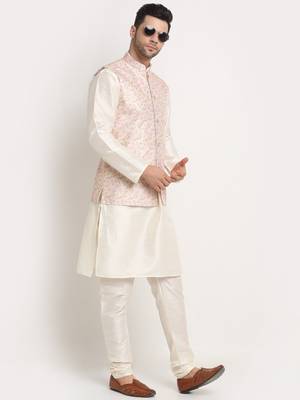 cream silk blend kurta and churidar with thread work sequins yellow nehru jacket 4