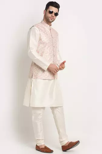 cream silk blend kurta and churidar with thread work sequins yellow nehru jacket